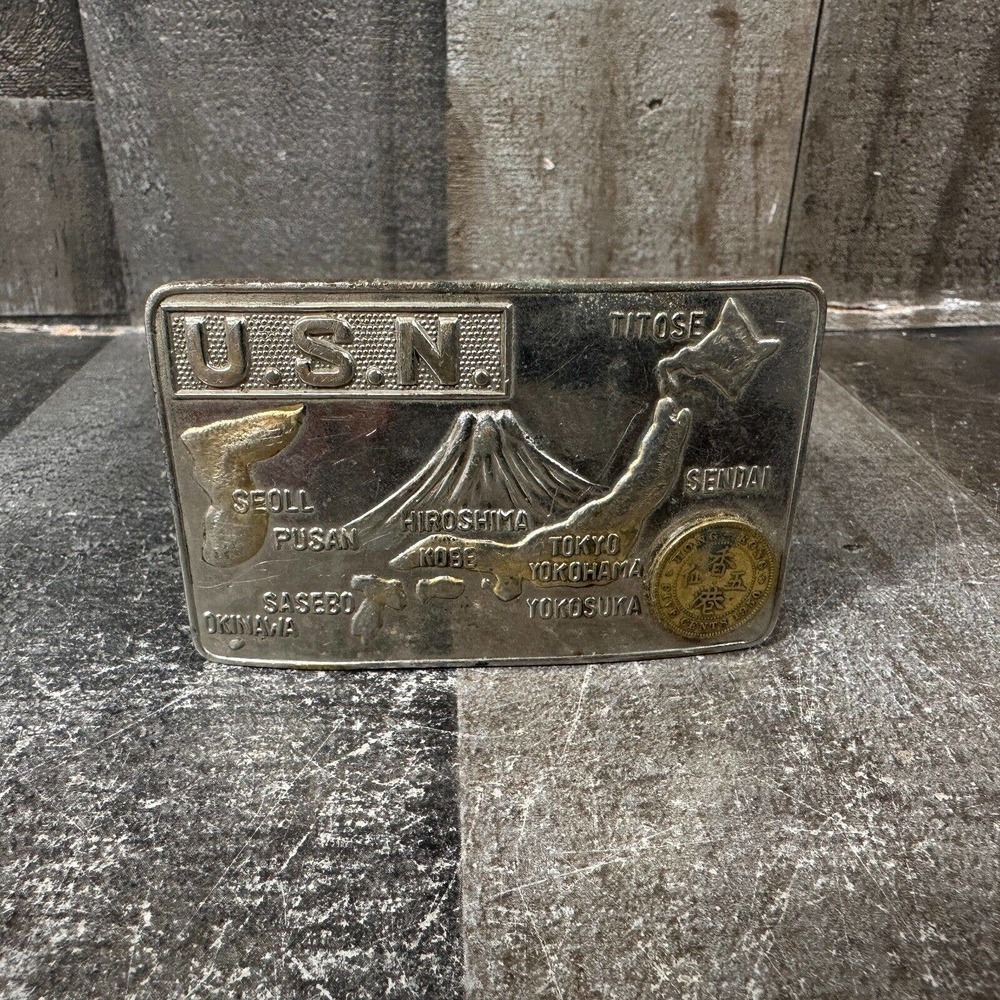 Vintage U.S.N. Belt‎ Buckle Japan, Korea United States Navy With Belt